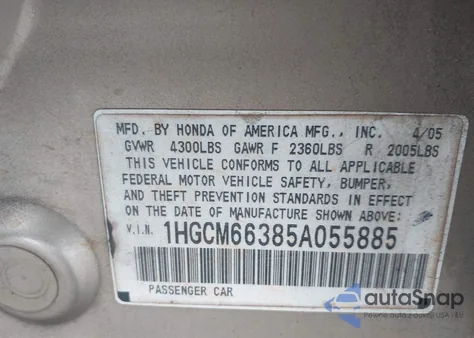 2005 Honda Accord 3.0 Lx z USA, uszkodzony, nr VIN 1HGCM66385A055885